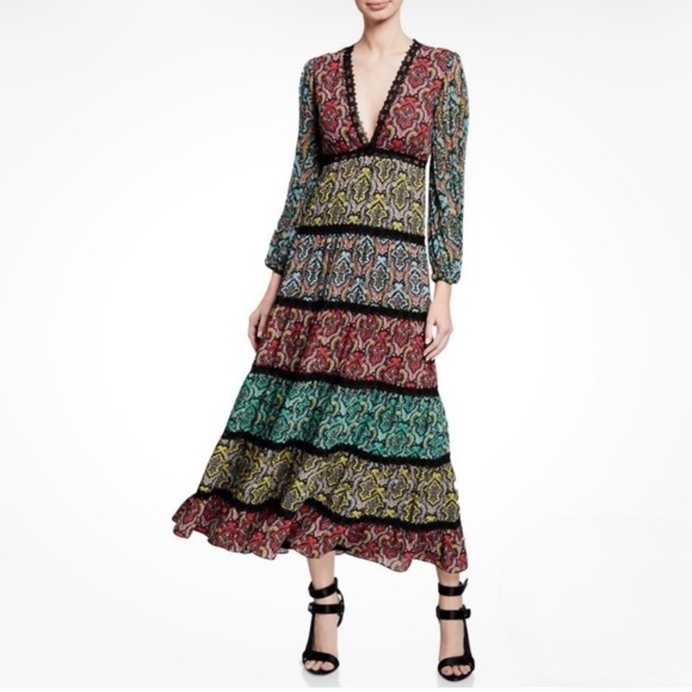 Alice + Olivia Karolina SM CREST‎ TILE BLK/BRIGHT Paneled Maxi Dress Size 10 NWT